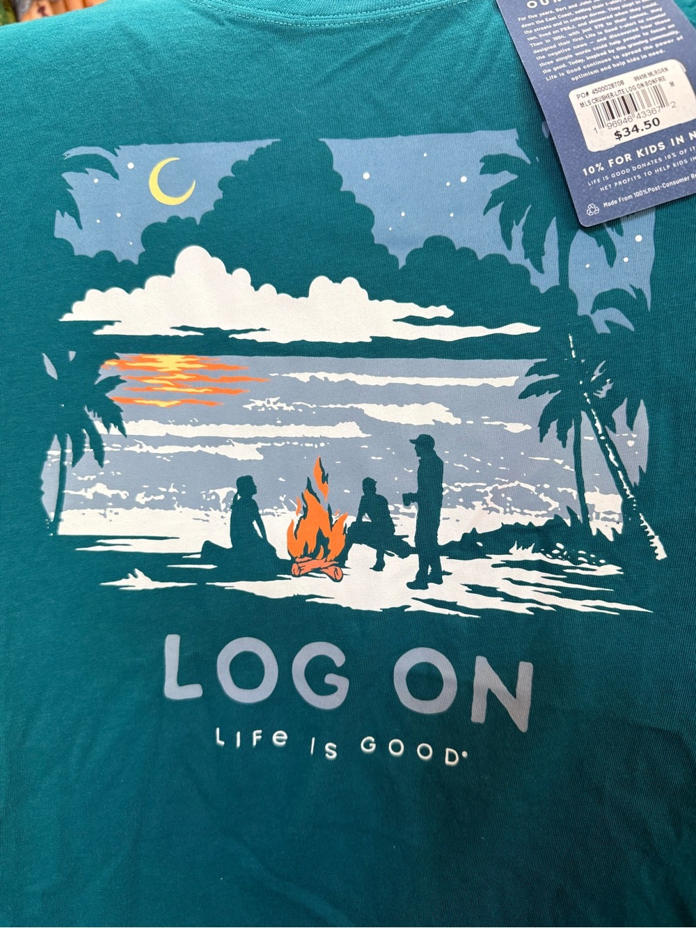 Life Is Good teal 'Log On' Beach Campfire Tee with Sunset Graphic